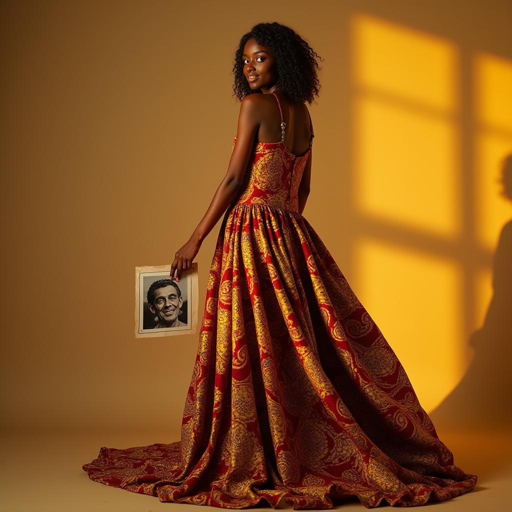 Black model wearing flowing Ankara gown under golden light, holding vintage photo in hand