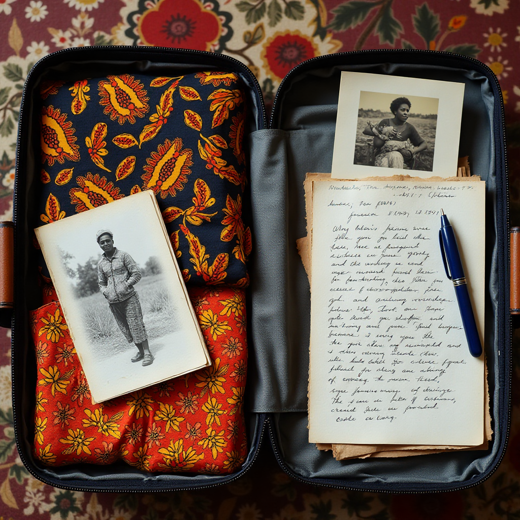 Flat lay for Wanderess collection showing clothes, heritage, and travel symbols