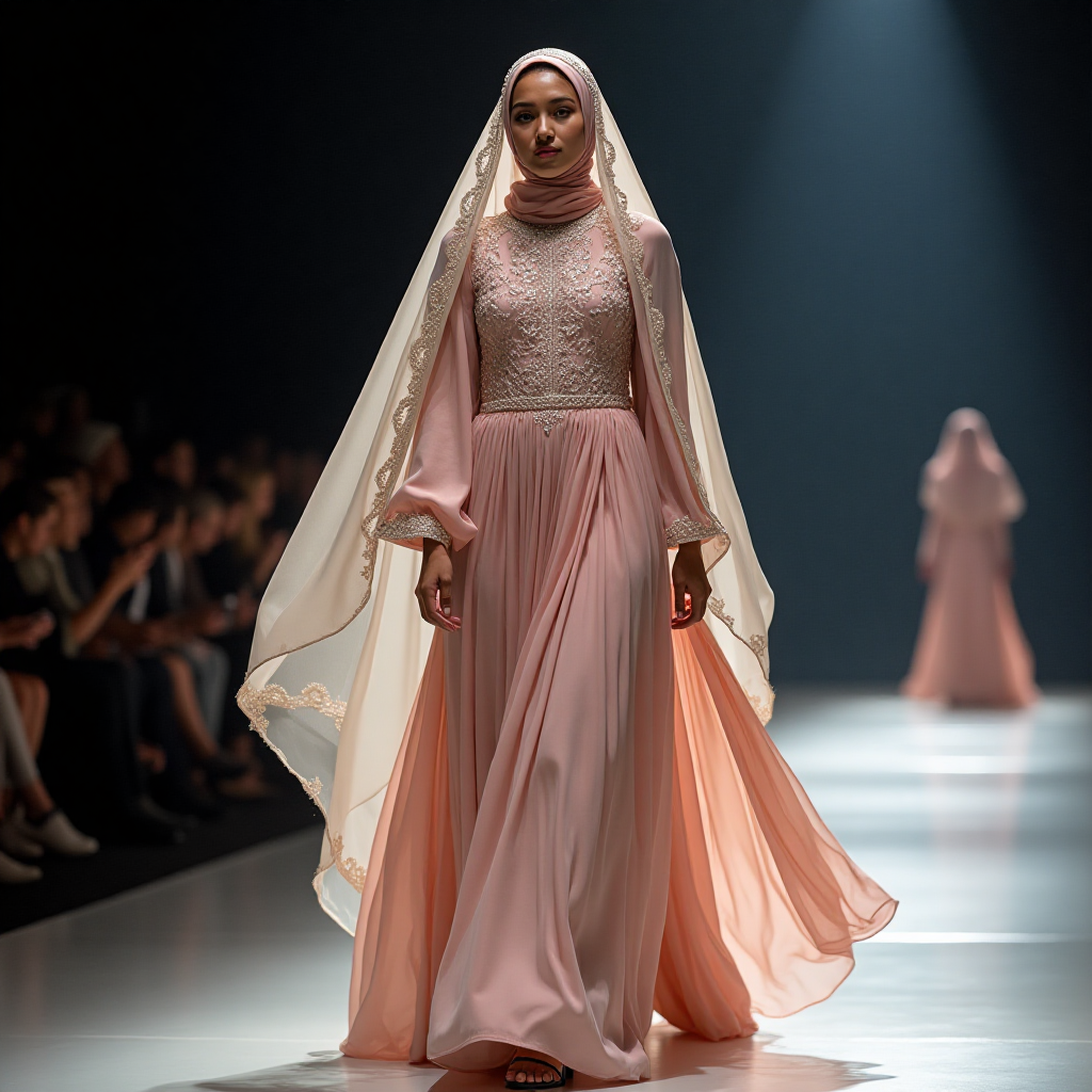 Model wearing Hudayya Couture gown designed by Chisom Ilo at Arise Fashion Week Dubai