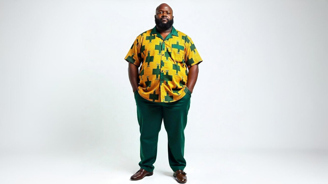 Model wearing Chi & Stainless tailored menswear in Ankara and cotton