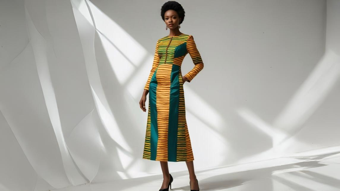 Model wearing Wanderess Ankara dress representing diaspora womanhood