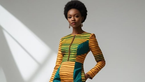Model wearing Wanderess Ankara dress representing diaspora womanhood