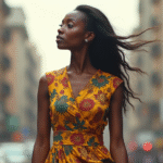 Model wearing Wanderess Ankara dress representing diaspora womanhood