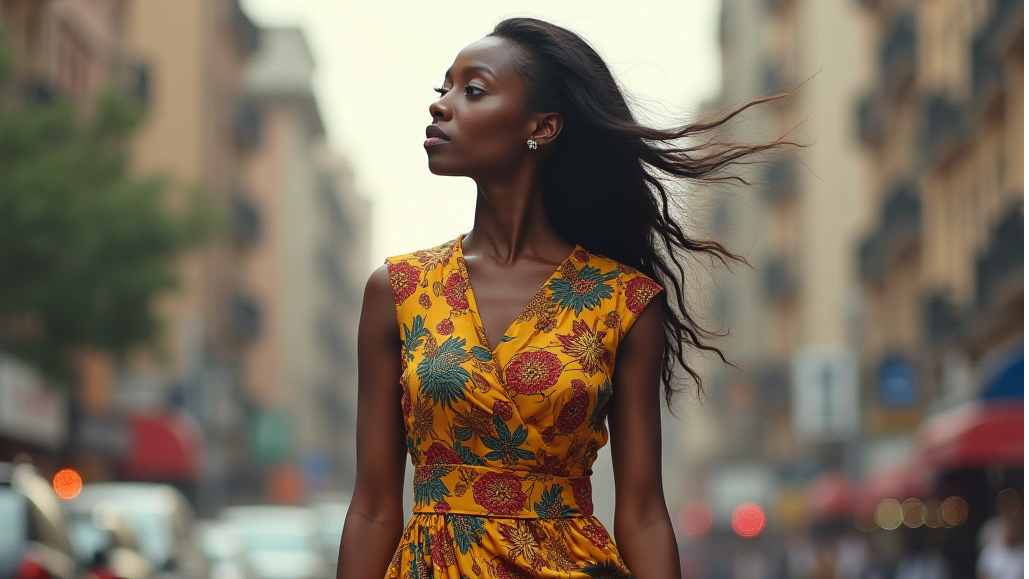 Model wearing Wanderess Ankara dress representing diaspora womanhood