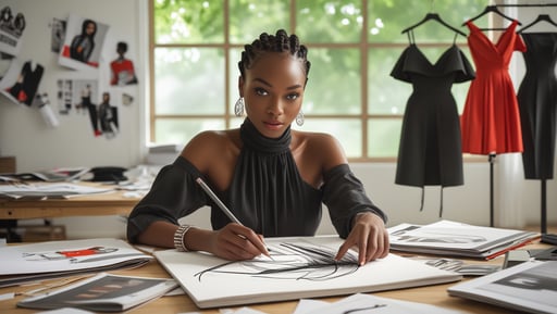 Chisom Ilo sketching fashion pieces after completing her apprenticeship