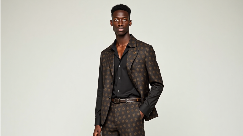 Model wearing Chi & Stainless tailored menswear in Ankara and cotton